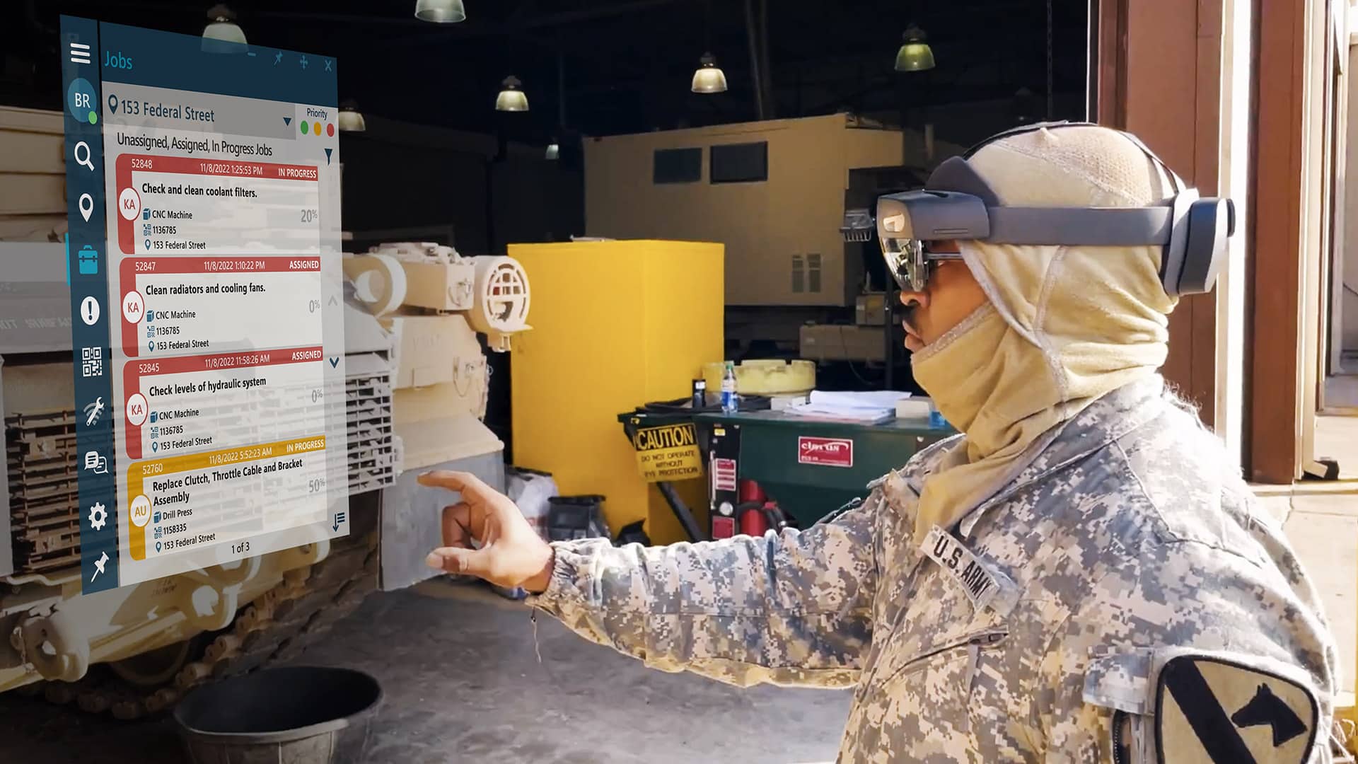 U.S. Army personnel using Taqtile AR for inspection on a military vehicle